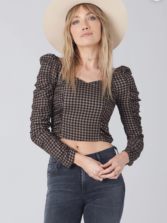 saltwater LUXE Tops - Gingham Long-Sleeve Crop Top - Brown/Black